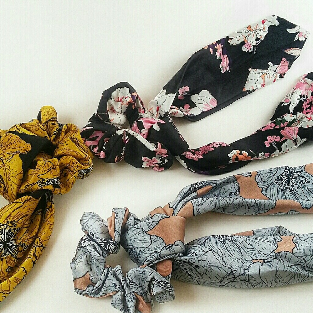 3 Floral Hair Scarf Ribbon Scrunchie